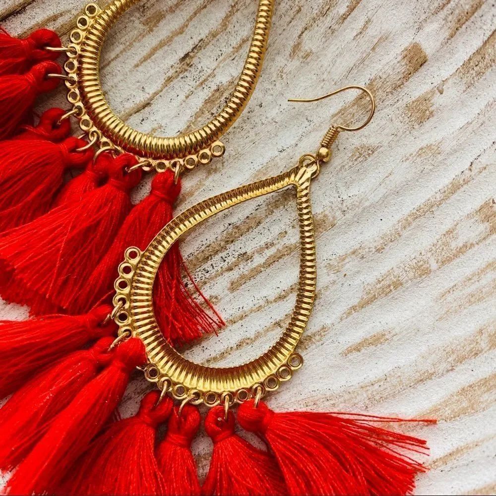 Boho Tassel Drop Hoop Earrings NWT